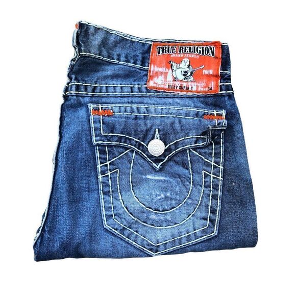 True Religion Jeans Size 38 RICKY SUPER T Blue Trashed Painter Denim - Picture 1 of 9